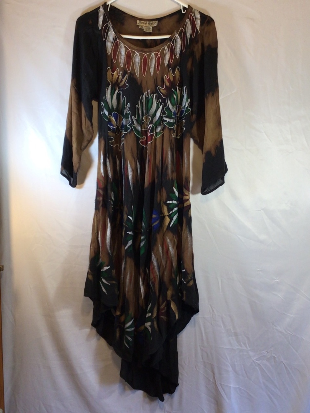 Jessica Taylor Hand Painted Boho Midi Dress One Size Black Brown Artsy Indie